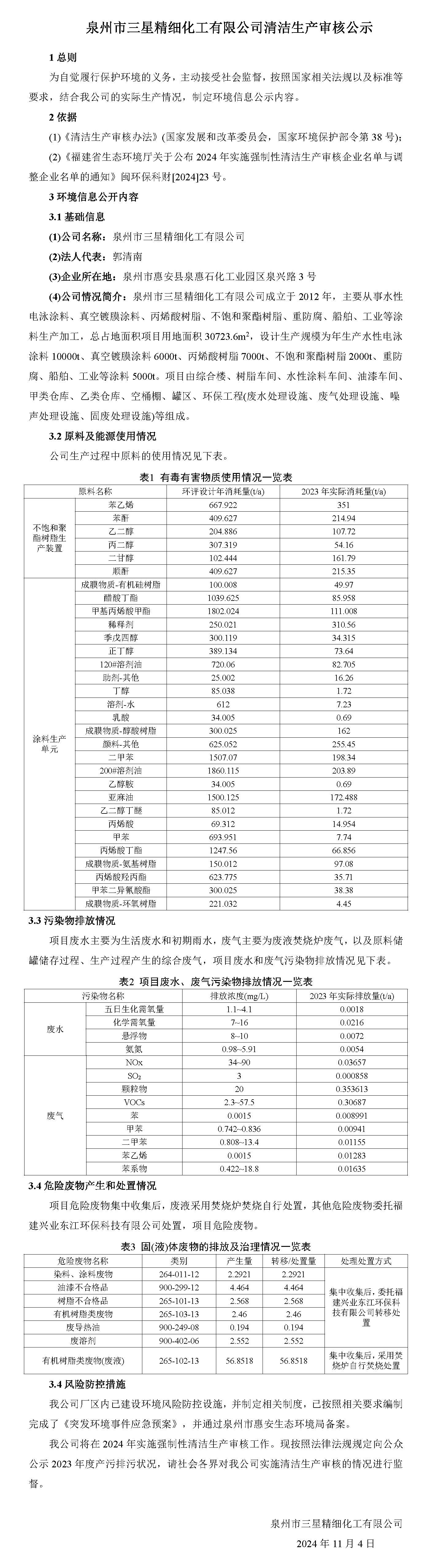 泉州市三星精細(xì)化工有限公司清潔生產(chǎn)審核公示